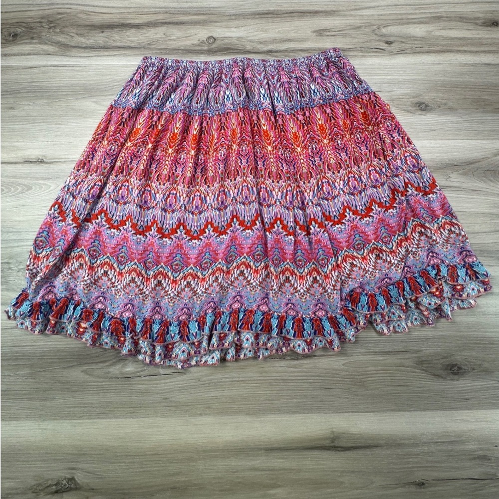 C&B Established 1962 Womens Medium Pink Purple Ikat Geometric Ruffle‎ Mini Skirt